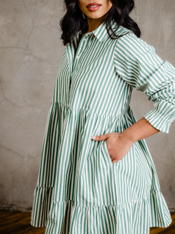 Aleesha Tiered Mini Shirtdress - Green Cabana Stripe - Image 2