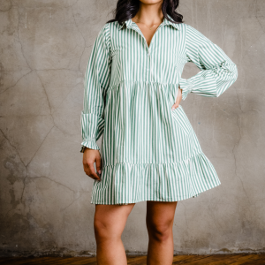 Aleesha Tiered Mini Shirtdress - Green Cabana Stripe