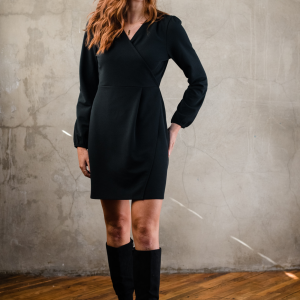Lacy Crepe Wrap Mini Dress - Black
